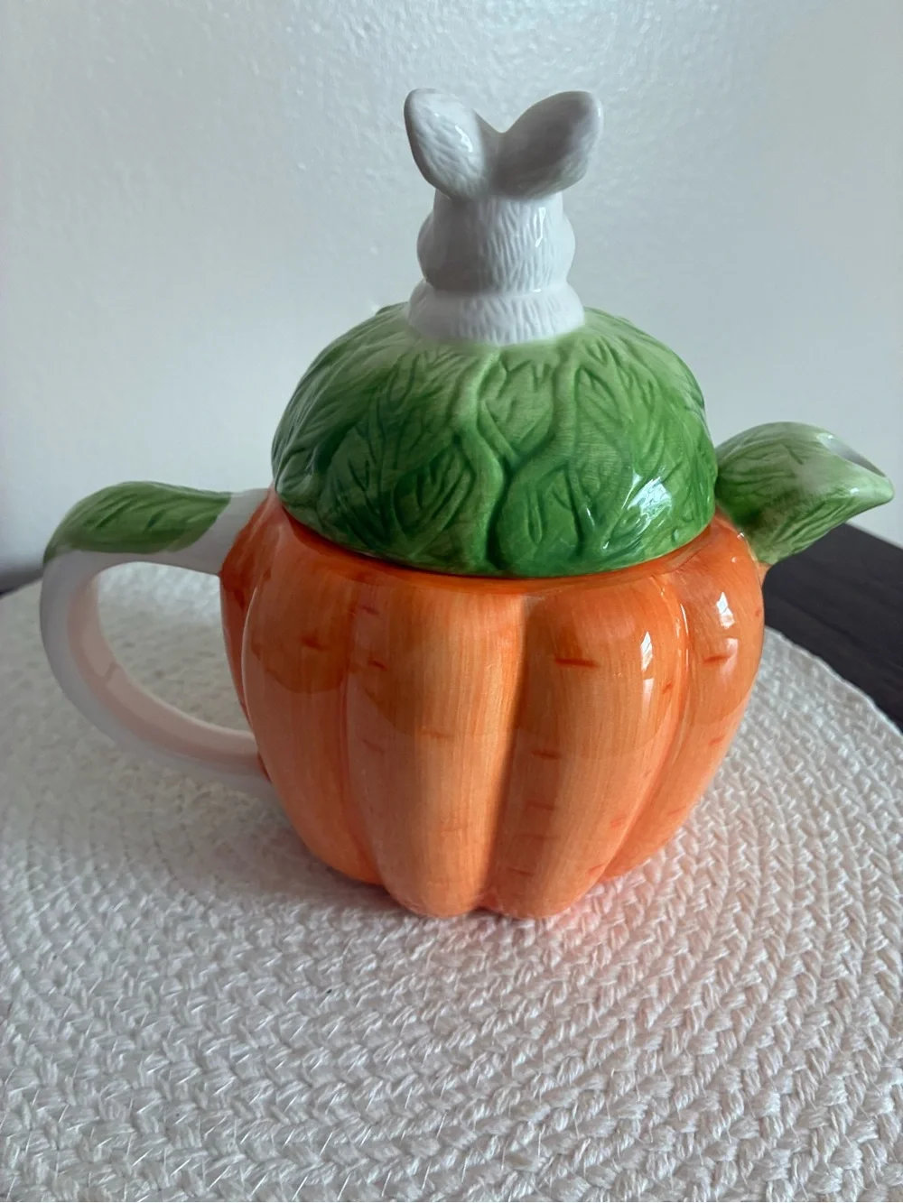 Ceramic Orange Pumpkin Teapot with Green Leaf Lid and White Bunny